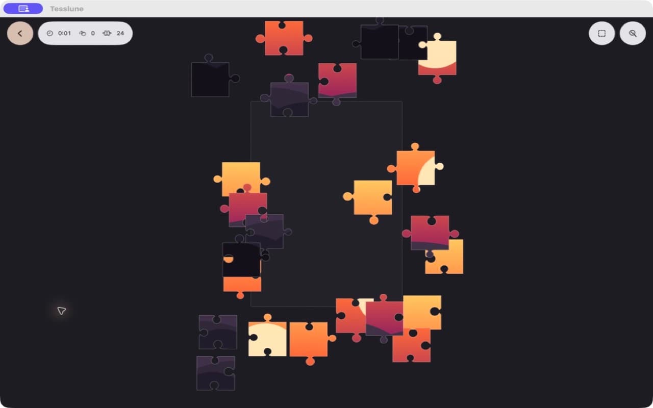 A 24-piece sunset puzzle being solved in Tesslune Classic mode